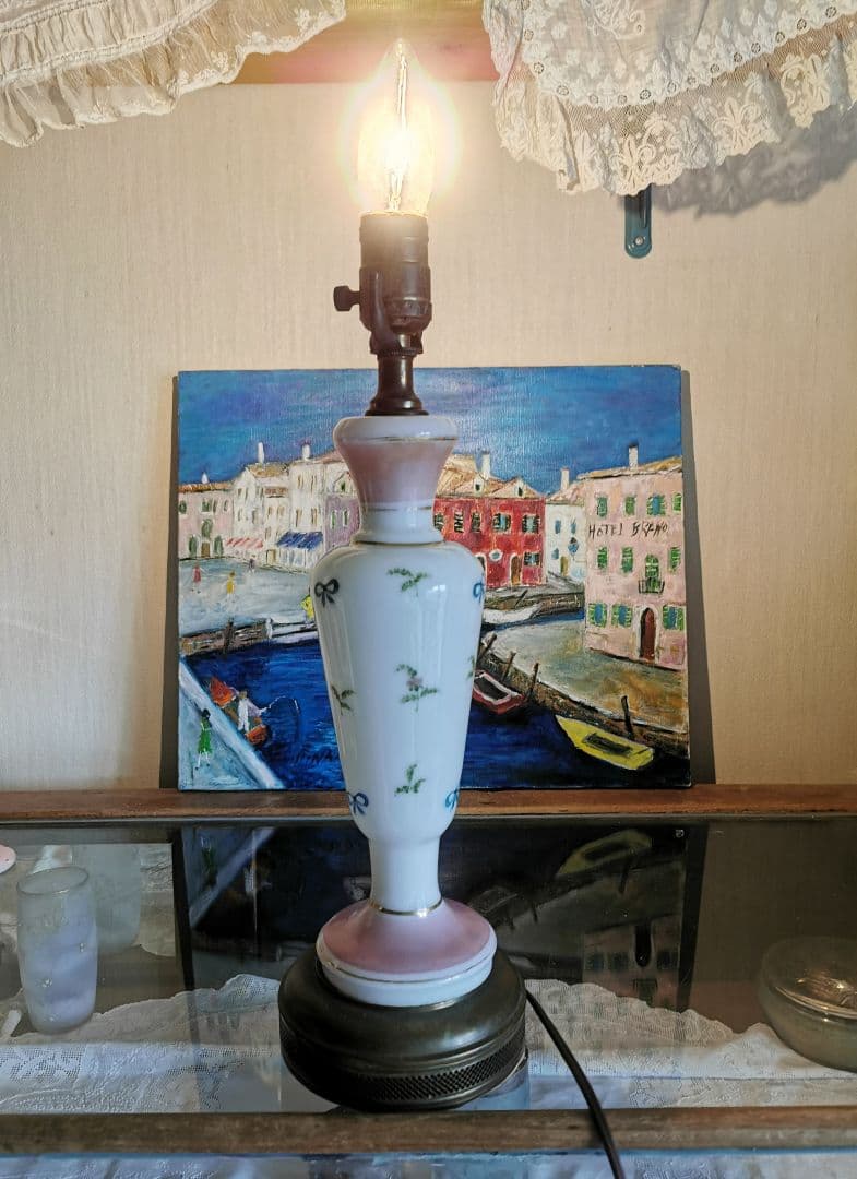 アンティーク ランプスタンド&電球 ハンドペイント 小花リボン手描きポーセリン