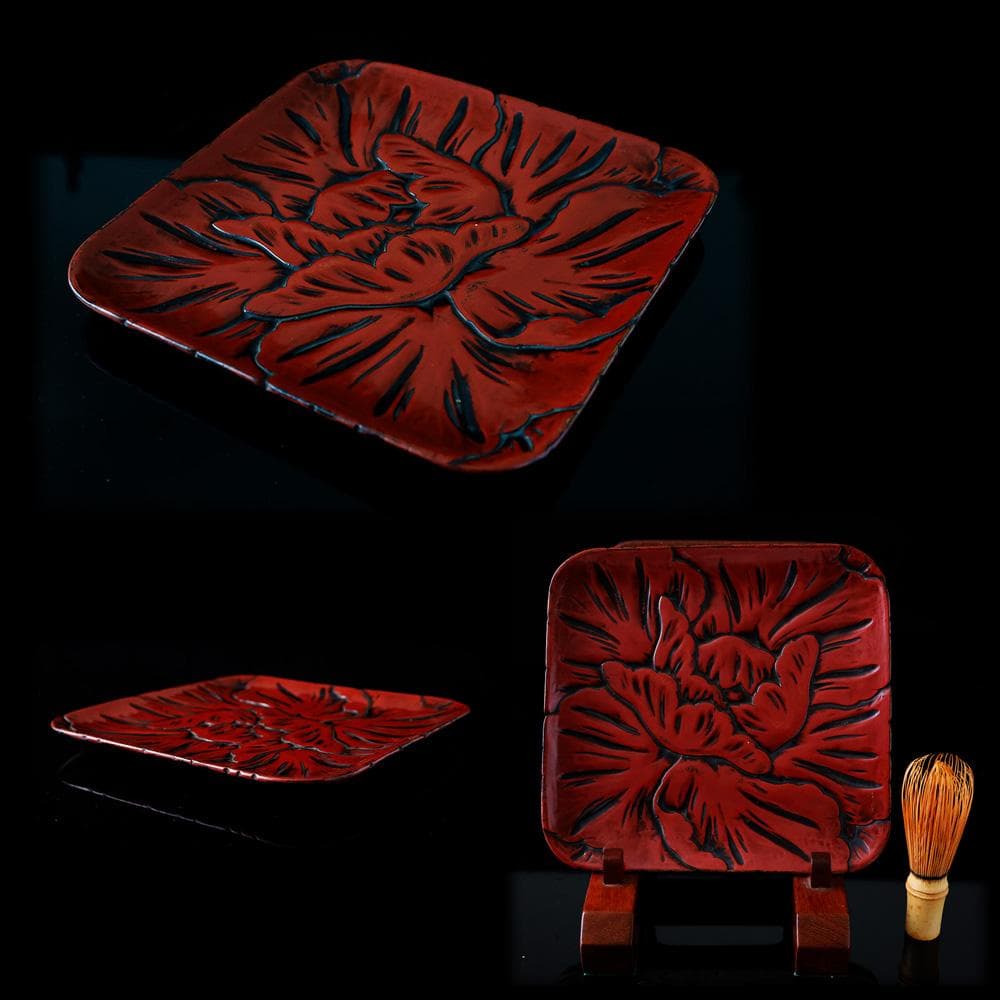 時代年代物 木製漆器 鎌倉彫 牡丹文 長方盆 飾皿 茶道具 煎茶道具 黄布