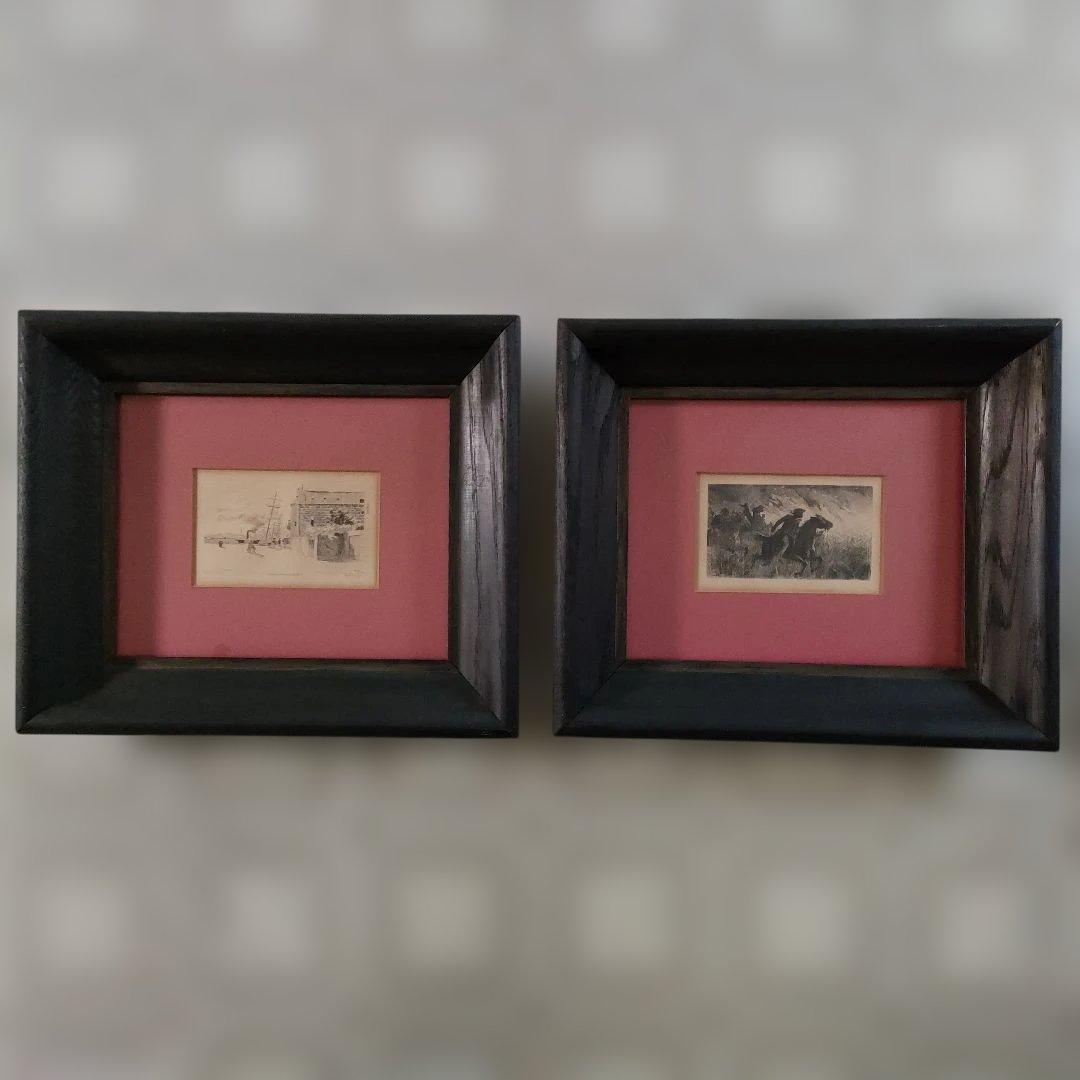 デュエス E. Duez 銅版画『ノルマンディーの港町』1892年制作他、計2点