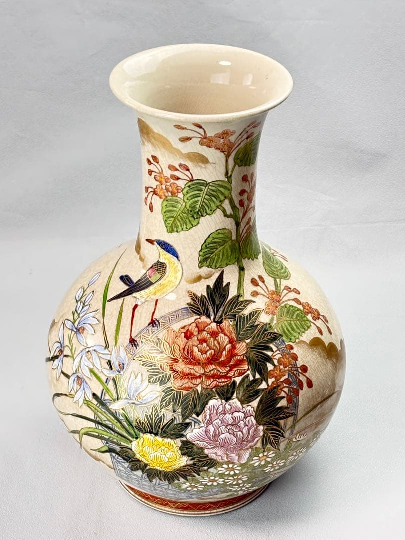 白薩摩 島津家 【丸十字薩摩】印 金彩色絵花鳥図 大花瓶 花器R7112315