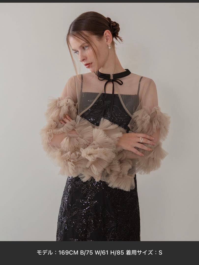 leja フリルチュールスリーブリボンIラインワンピースドレス M ブラック