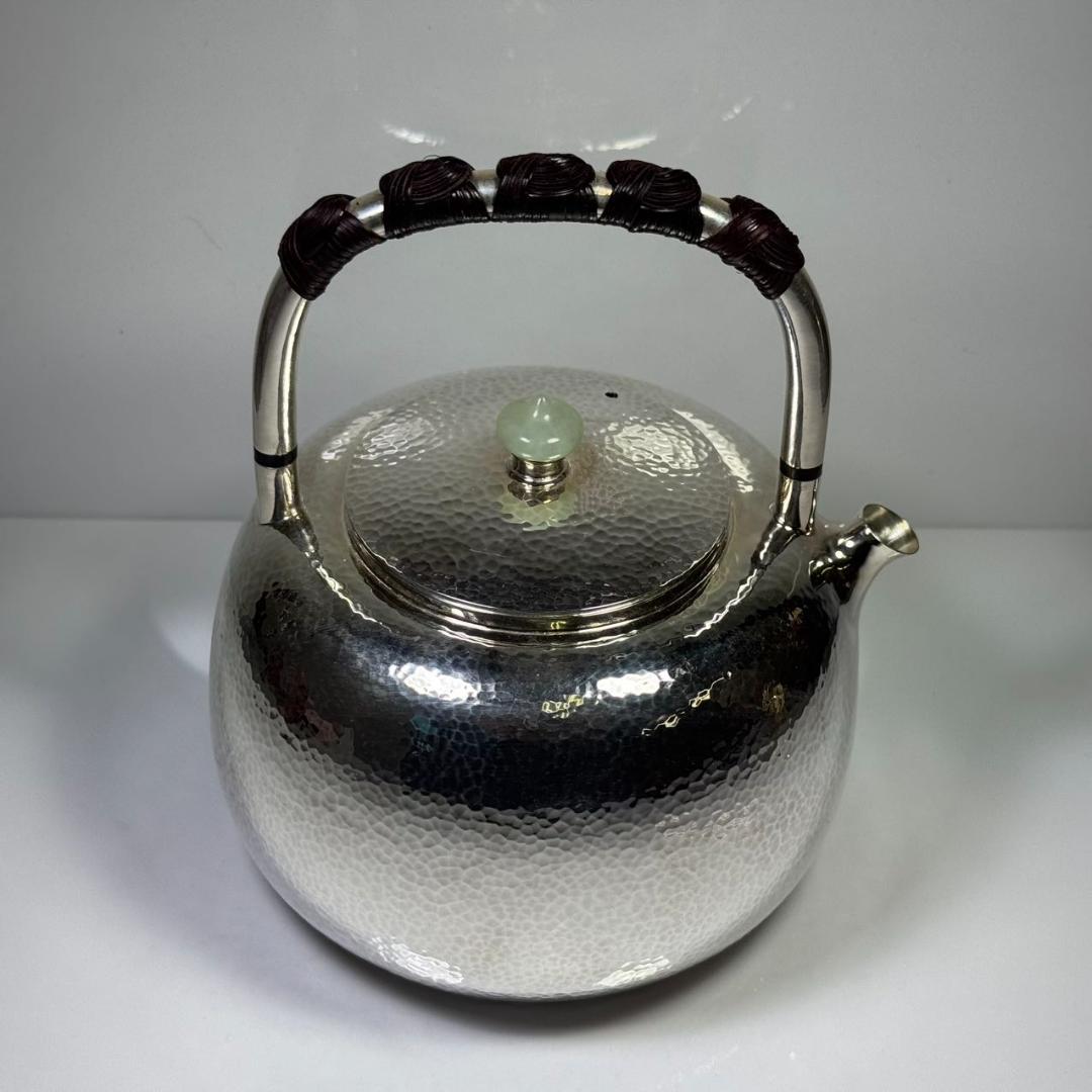 純銀製 一東齋造 湯沸 貴石摘 桐箱付 銀瓶 古美術品 煎茶道具 純銀保証