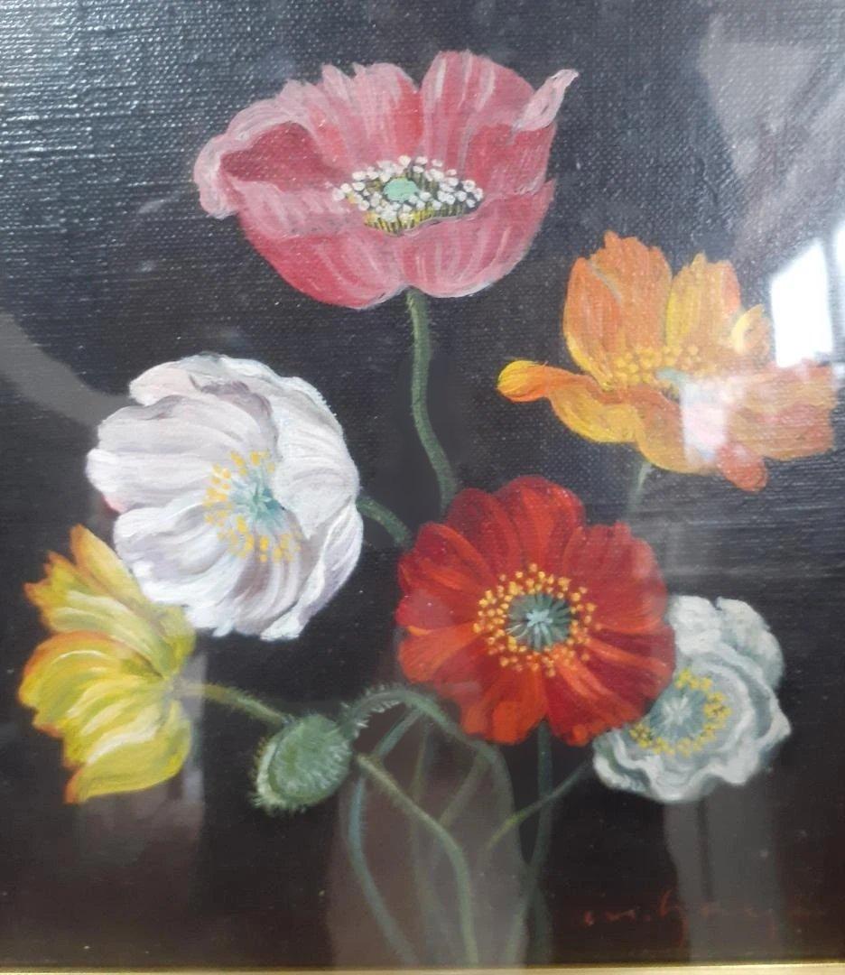 八木道夫 花の絵 油彩画 金色のフレーム