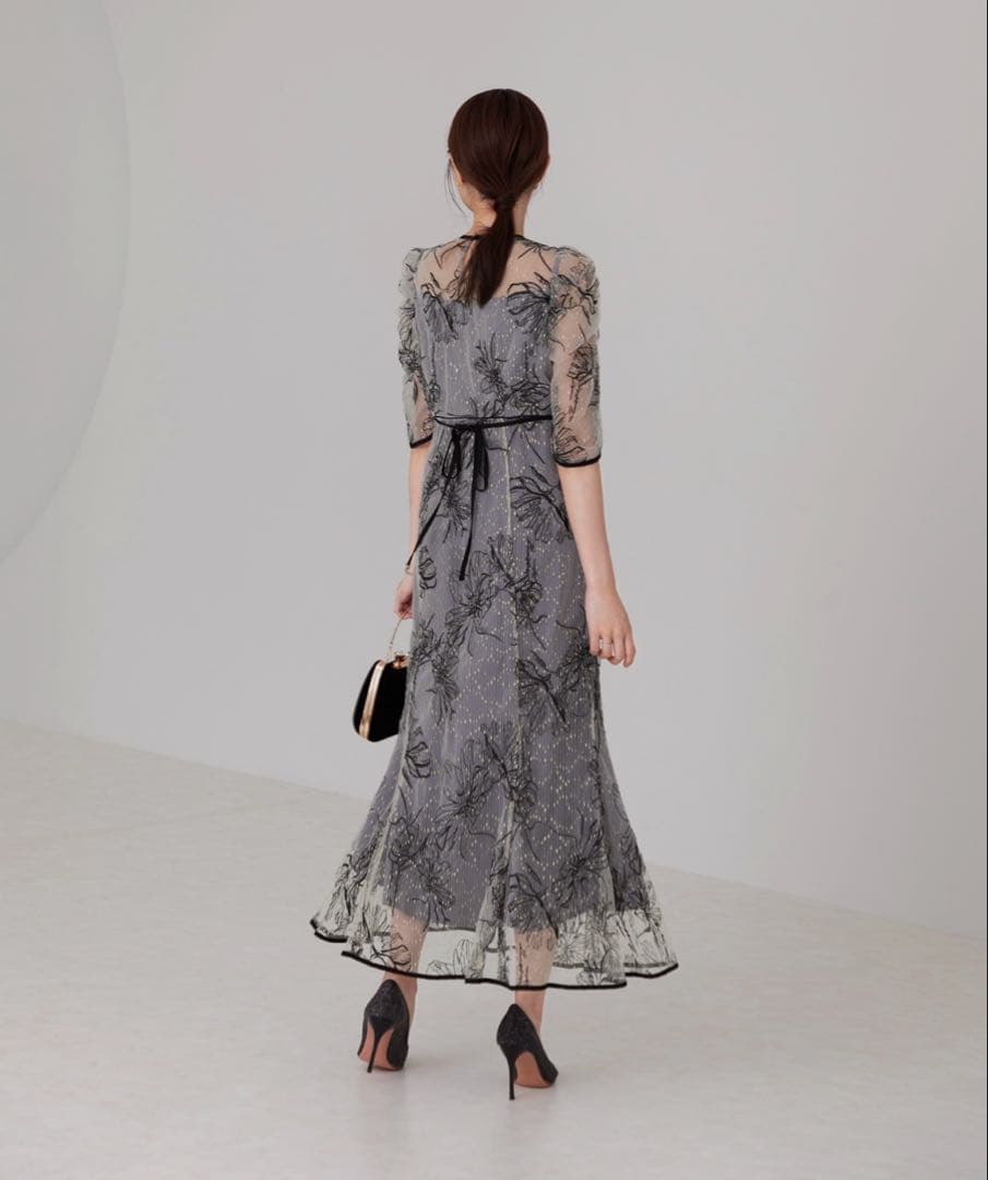 花柄リボンパフスリーブマーメイドワンピースドレス結婚式パーティー成人式二次会