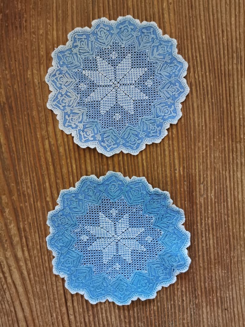 アンティークイタリア インディゴ染 ブラッドレーススカラップドイリー ３枚セット