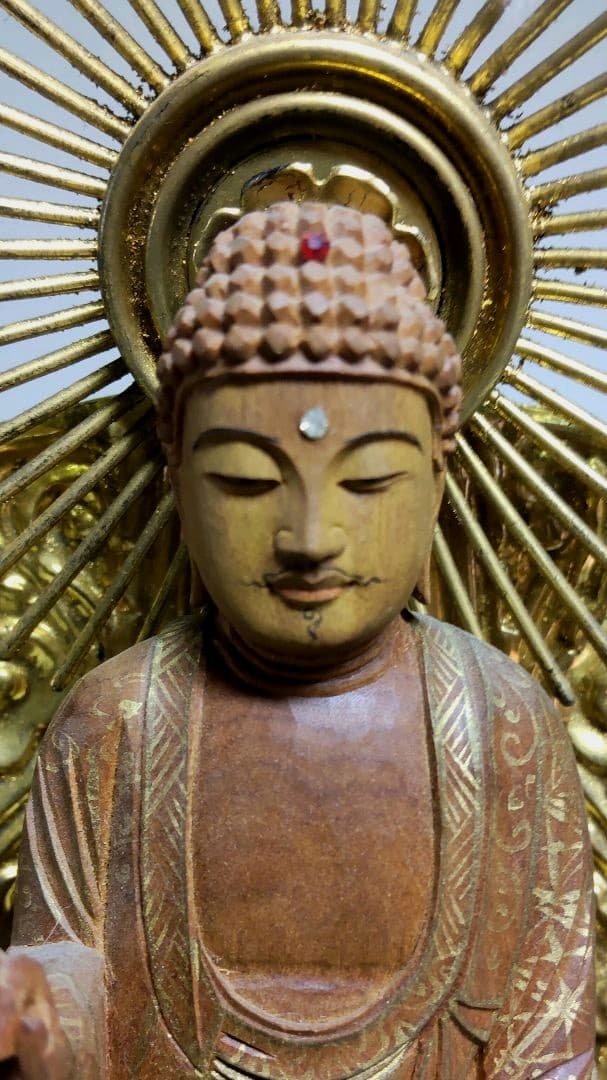 本格手彫り彫刻 阿弥陀如来 純金箔押し六角台座