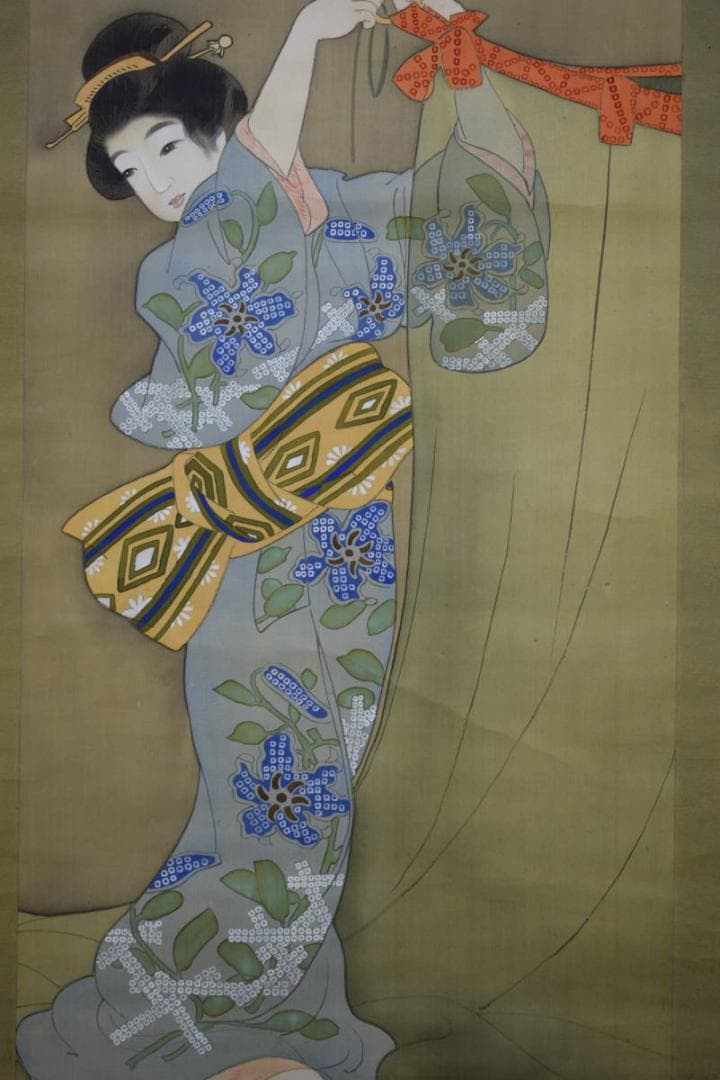 真作/竹園/蚊帳美人図/布袋屋掛軸HE-738