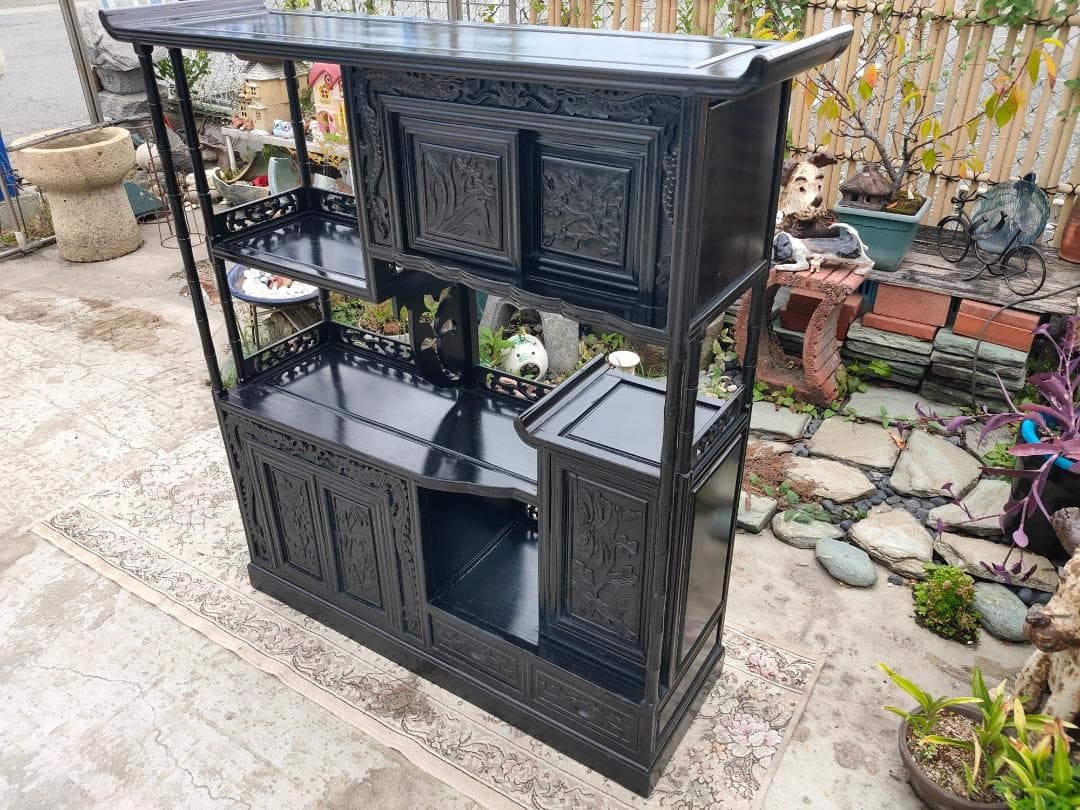 (送料設置込み) 高級茶棚☆飾り棚 ☆茶箪笥☆唐木☆収納棚☆透かし彫り☆無垢