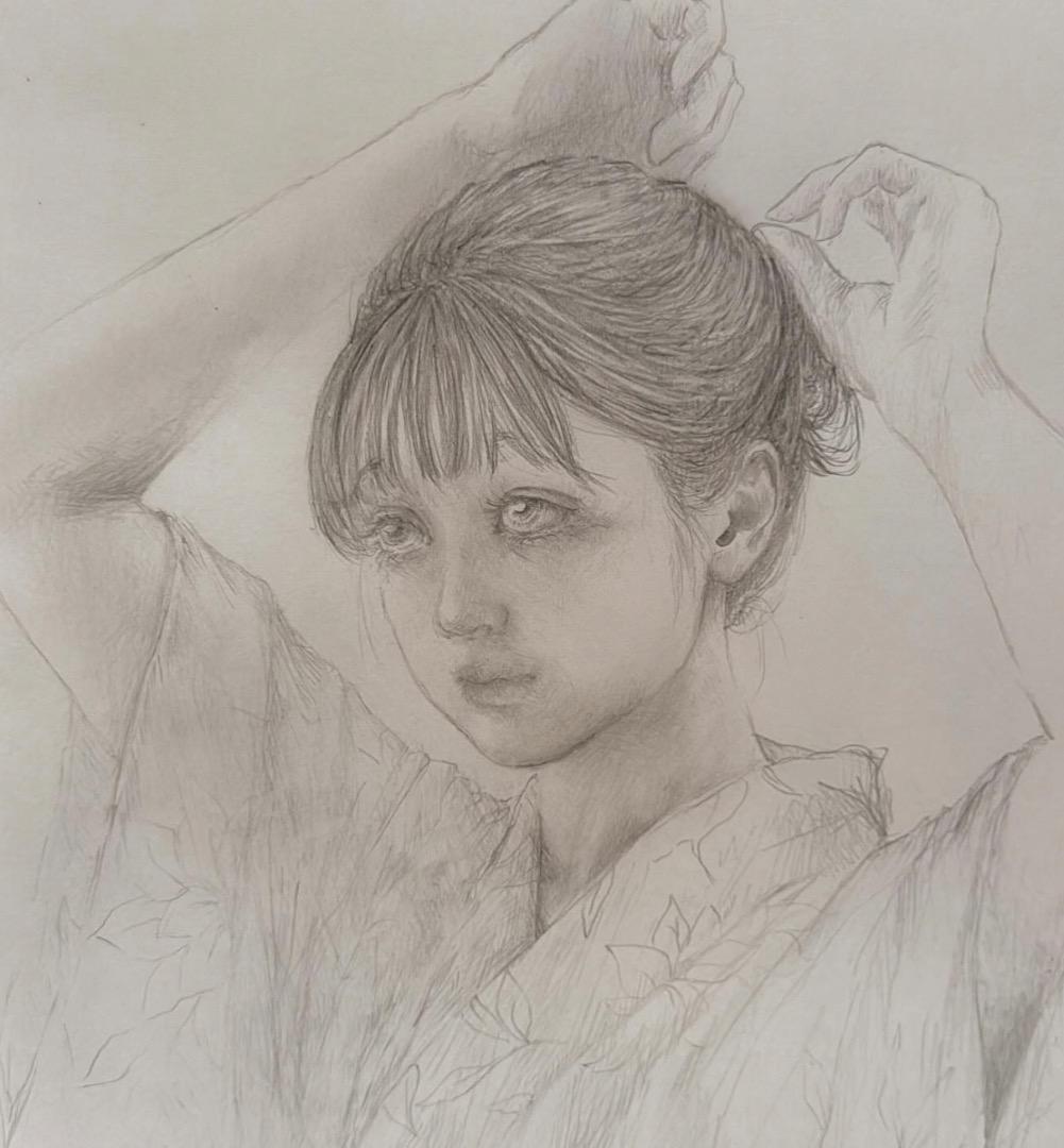 鉛筆画 「なれない浴衣」作品Ｎｏ．100
