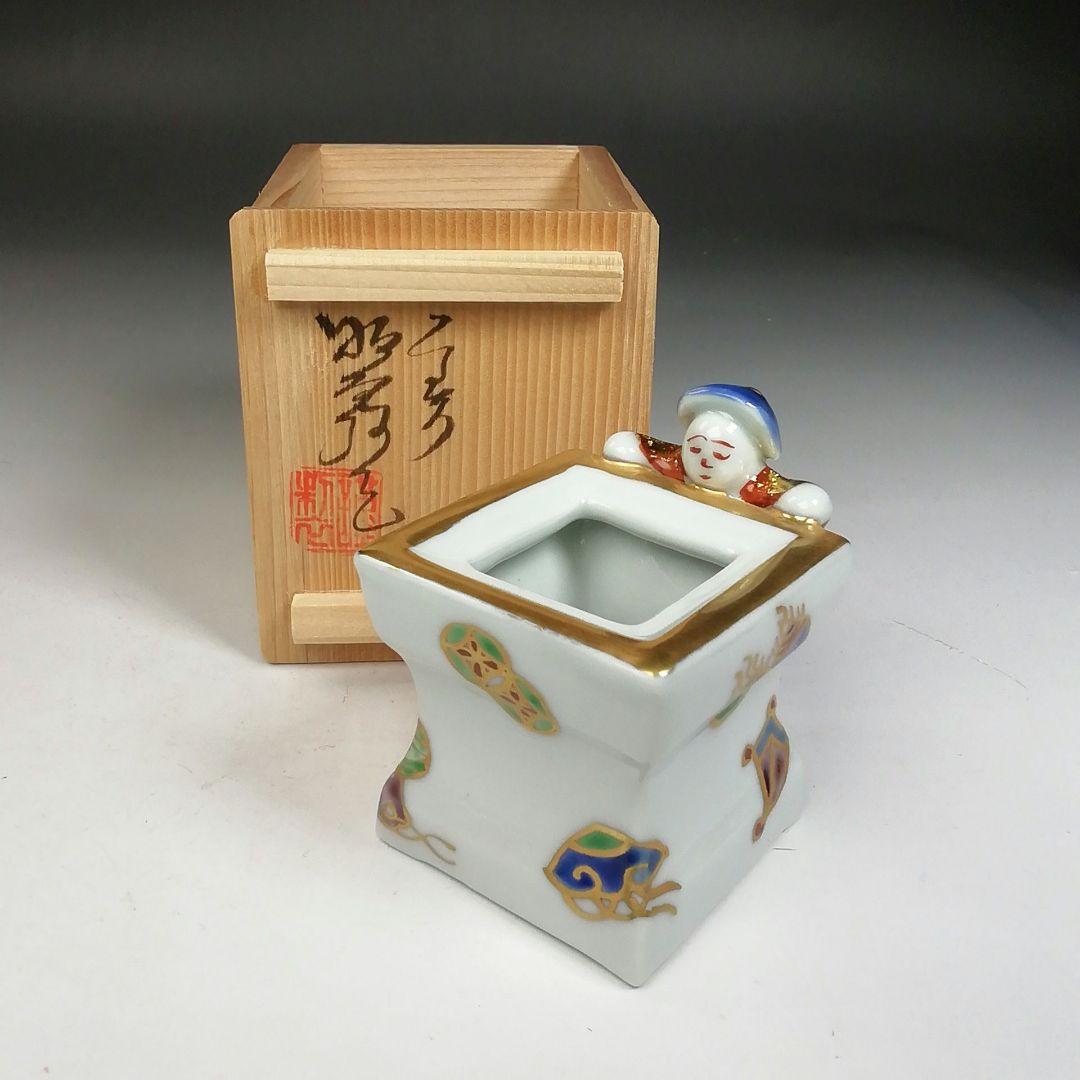 Ｗ５０　蓋置　『色絵　一閑人』『高野昭阿弥 造』　共箱　茶道具