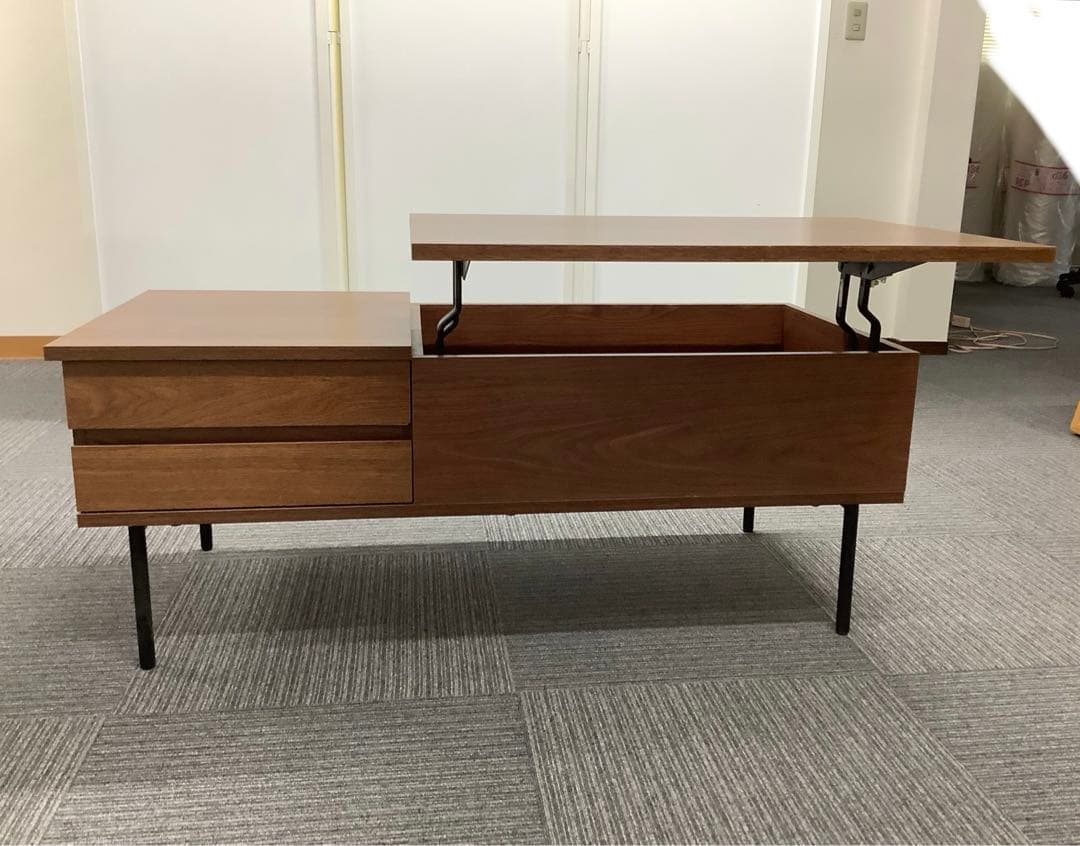 木製昇降テーブル デスクとテーブルの2way 引き出し+スライド収納付き