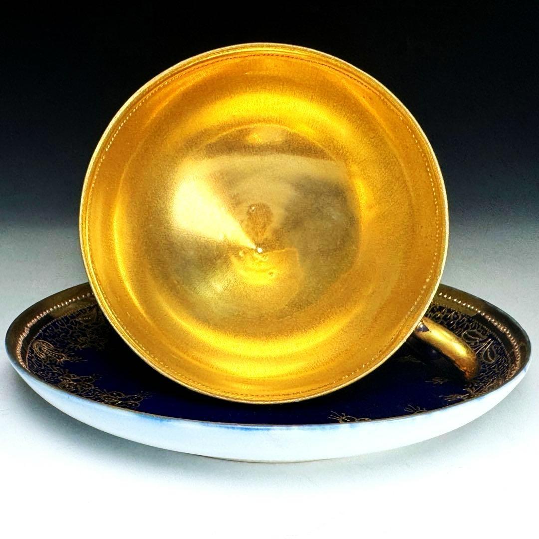 逸品■オールドノリタケ コバルト 金盛 レース装飾 ペディスタル カップソーサー