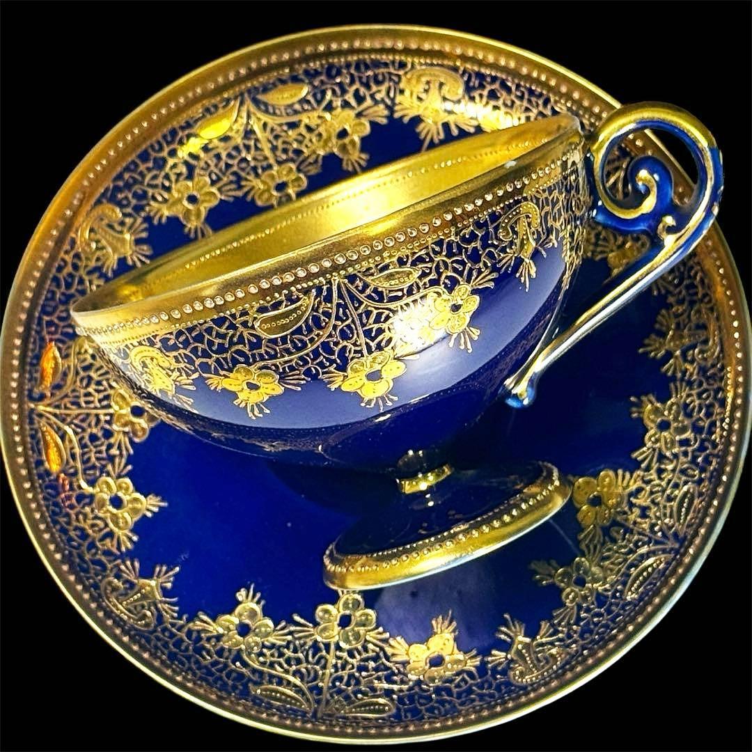 逸品■オールドノリタケ コバルト 金盛 レース装飾 ペディスタル カップソーサー