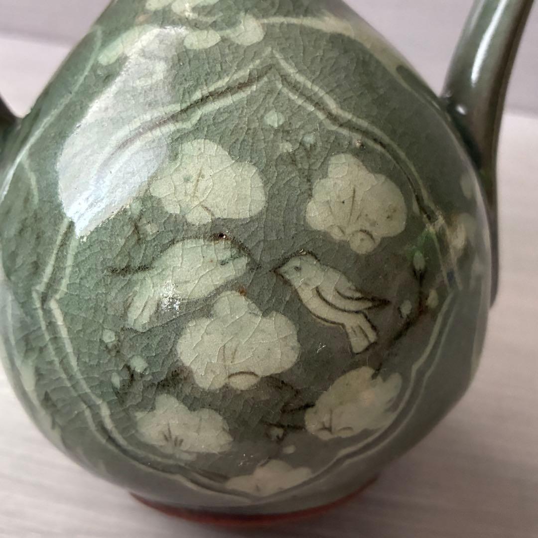 青磁象嵌瓢形水柱　水差し 徳利　壺　梅　鶴　茶道具　雲鶴文