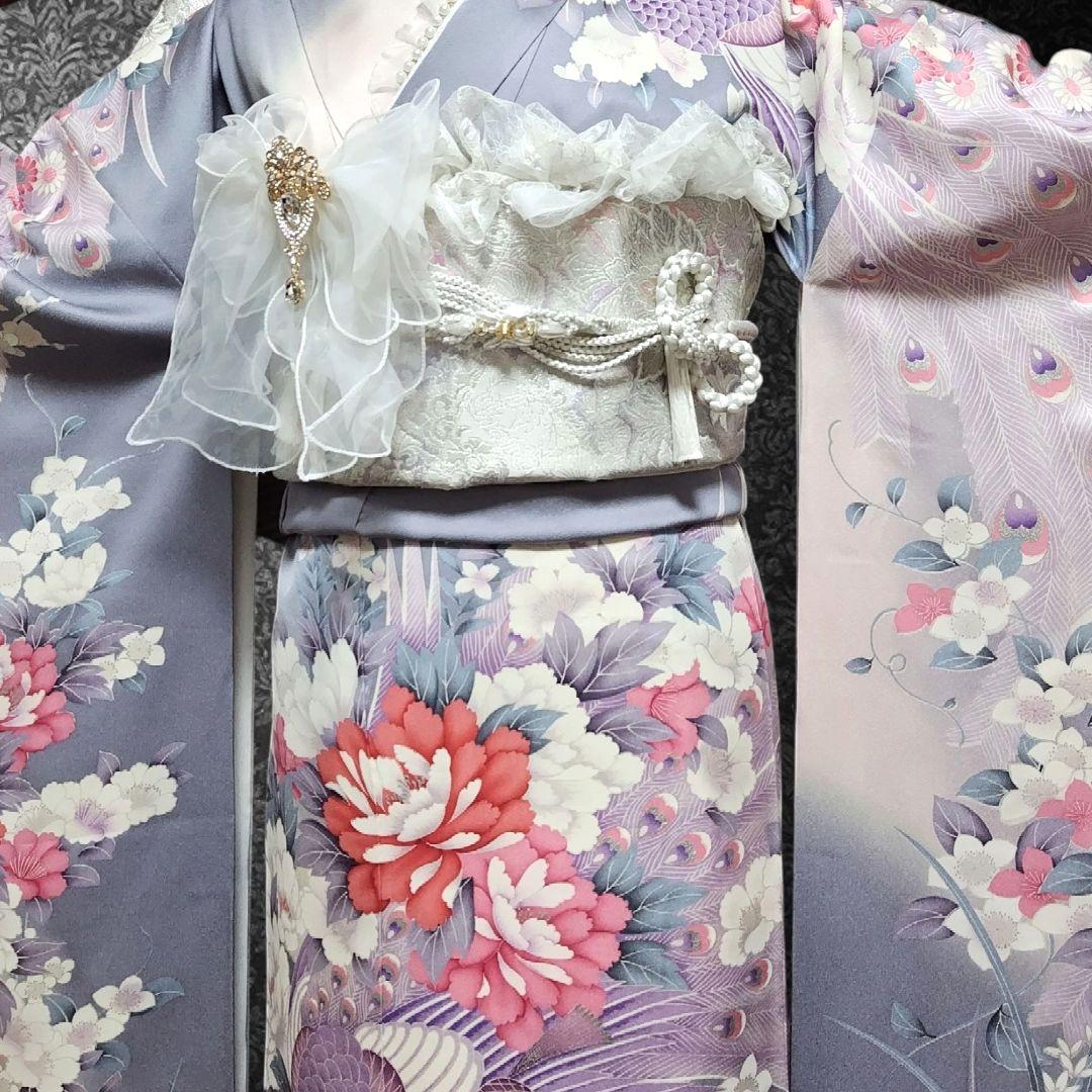 振袖フルセット(9点)・成人式・くすみ・グレー・ピンク・銀彩加工・胴裏正絹・逸品