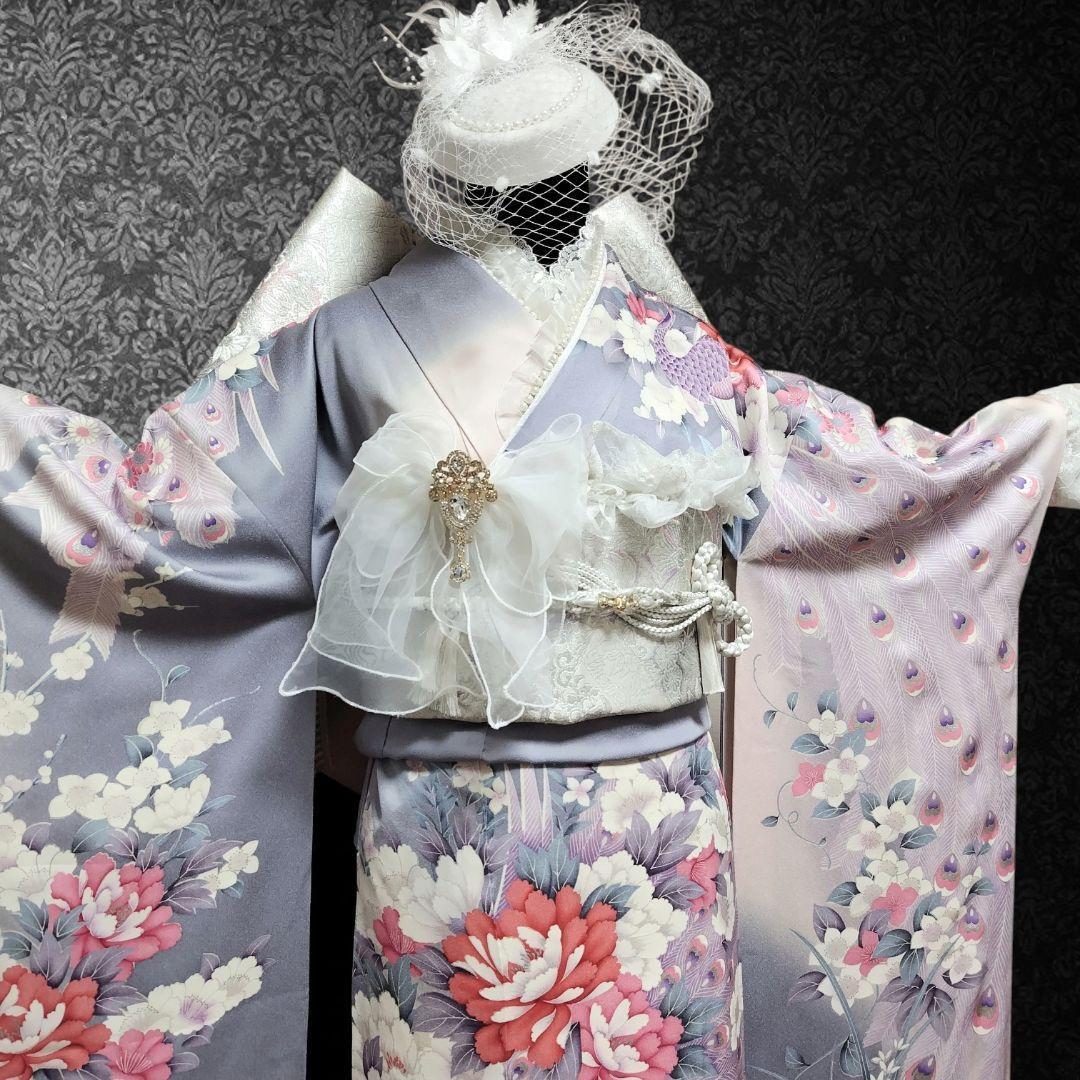 振袖フルセット(9点)・成人式・くすみ・グレー・ピンク・銀彩加工・胴裏正絹・逸品