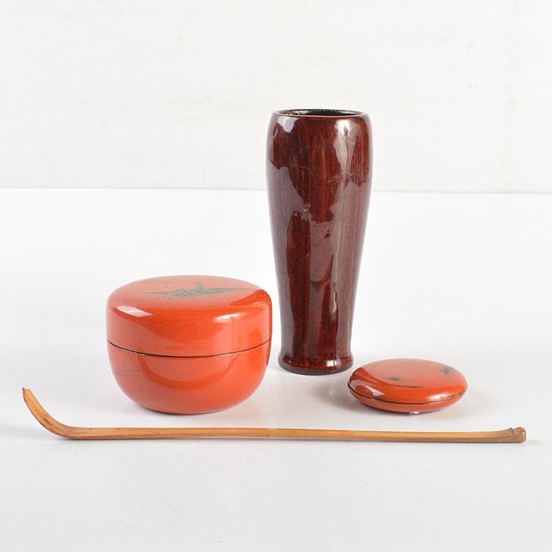 茶道具　面朱茶箱　茶碗　棗など　七点　一式　仕覆付　C　R7368