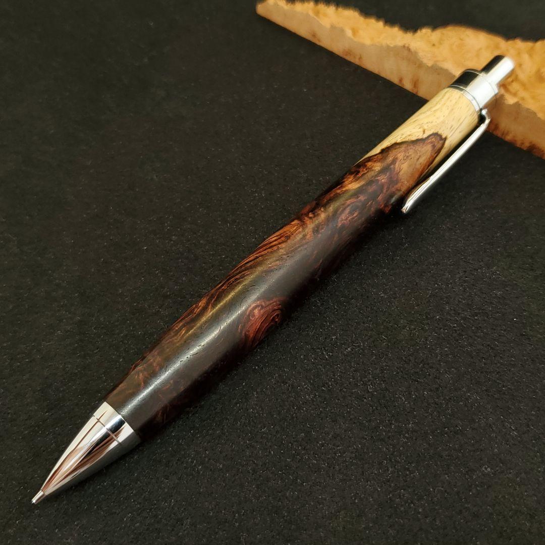 No.27ハンドメイド木軸シャーペンロースウッド瘤蜜蝋ワックス仕上げ