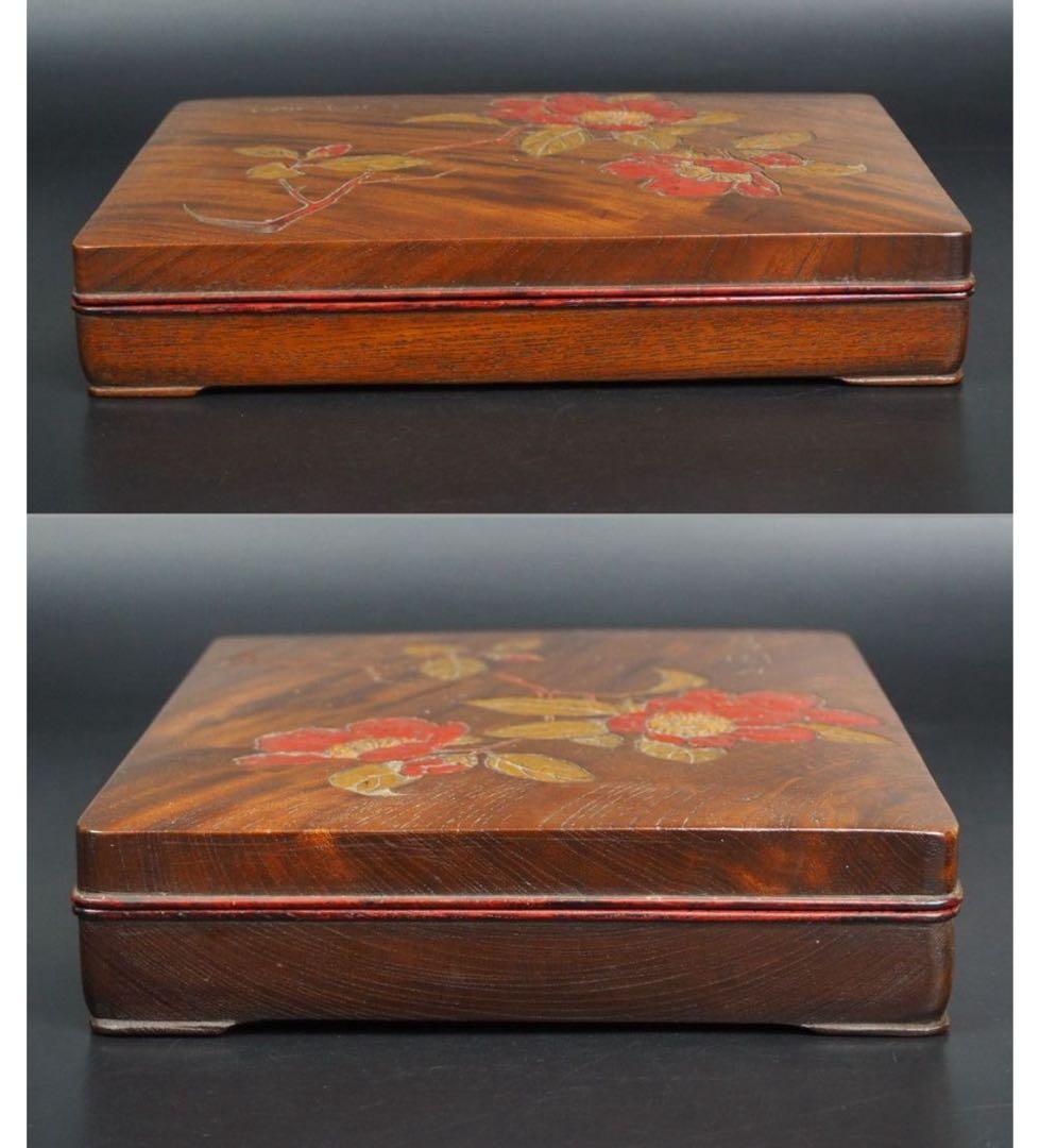 送料無料　時代物　菖園刀　漢詩椿彫 トチノキ硯箱　銘木　書道具