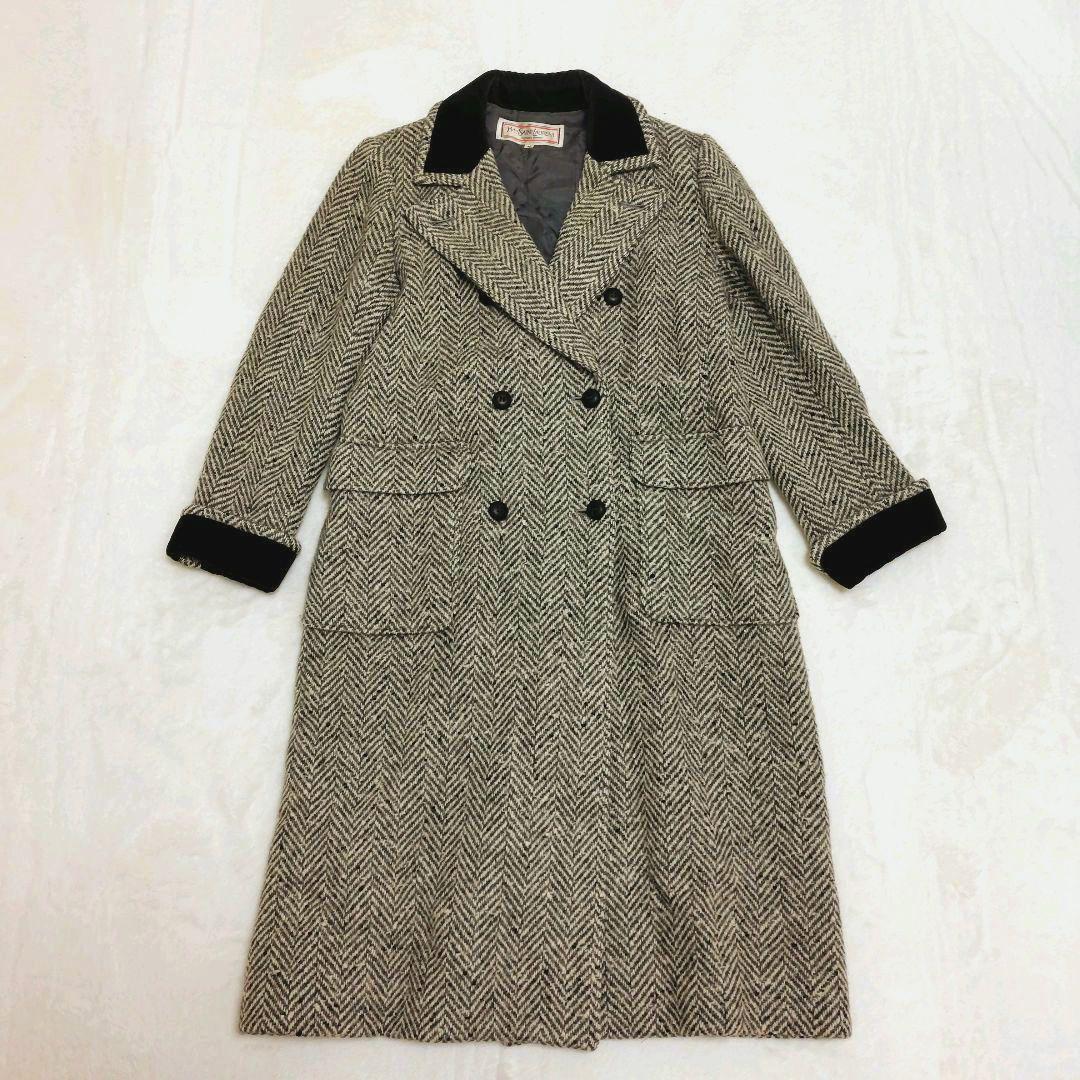 イヴサンローラン ダブルブレストコート ヘリンボーン ツイード ベロア切替