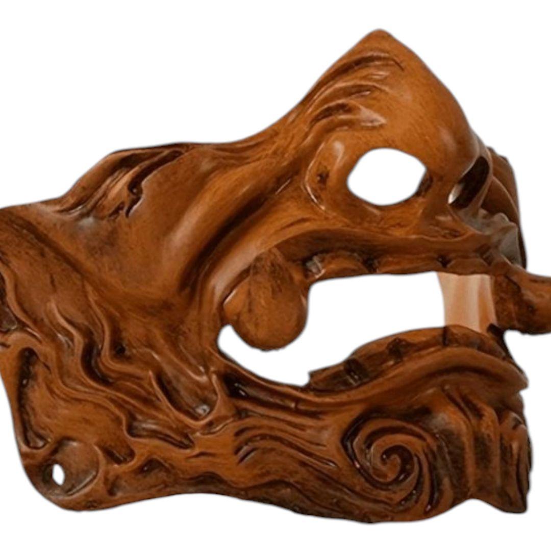 般若の半顔のお面木目風塗装怒った顔の面ハロウィン仮装コスプレ撮影パーティー狛犬