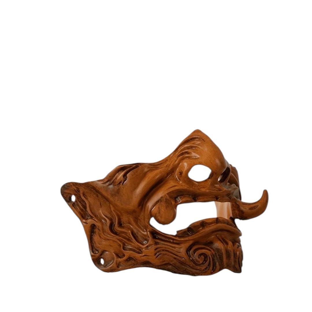 般若の半顔のお面木目風塗装怒った顔の面ハロウィン仮装コスプレ撮影パーティー狛犬