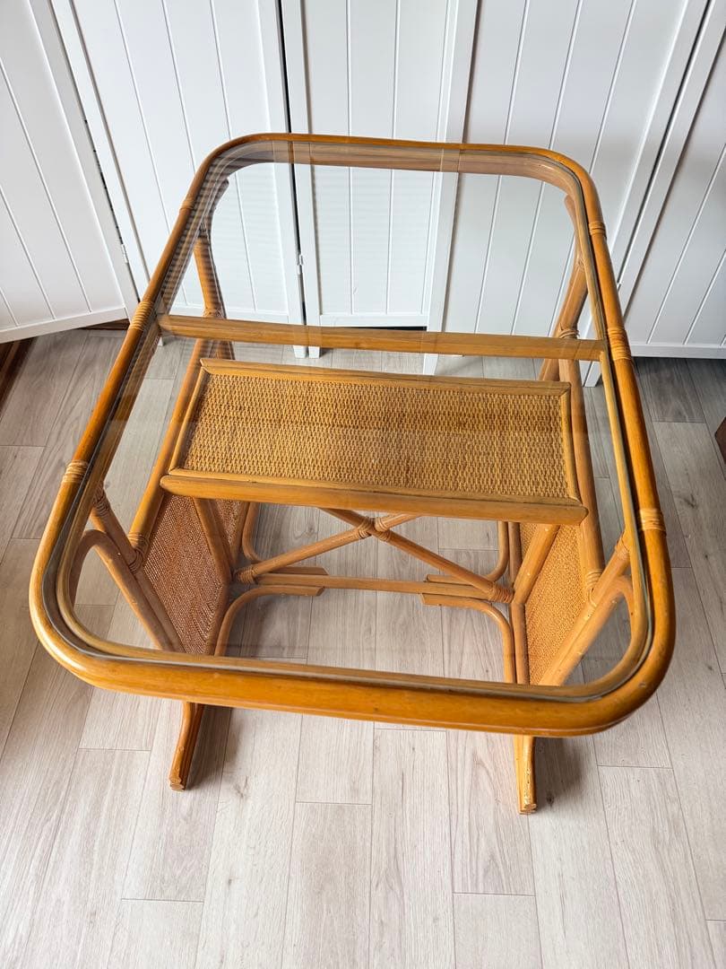 ラタン ガラステーブル 籐 ダイニングテーブル レトロ ビンテージ