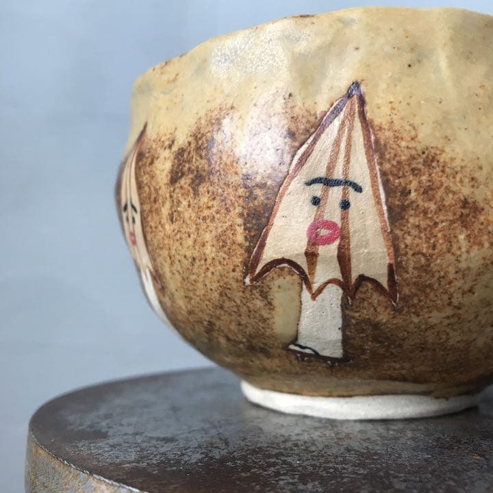 私の作った 抹茶茶碗 唐傘おばけ 妖怪 陶芸 手びねり 手づくね