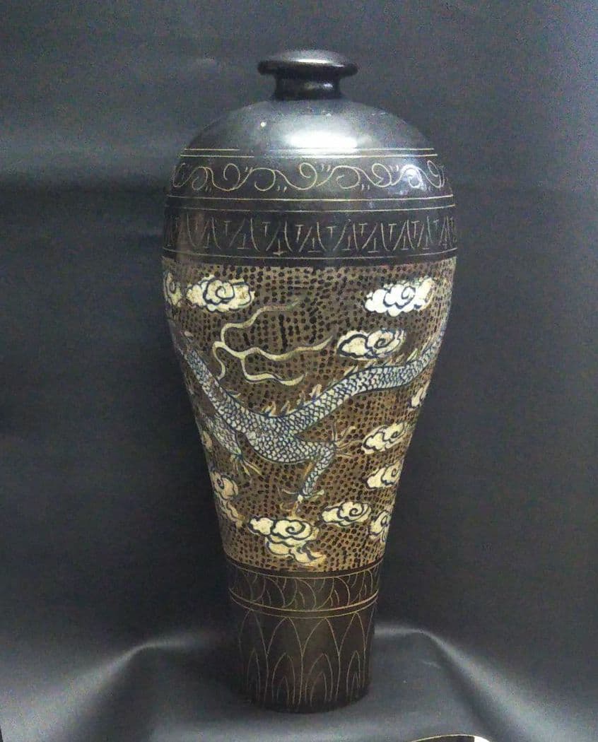 ※中国古美術/磁州窯黒掻落龍紋大梅瓶/北宋代/
