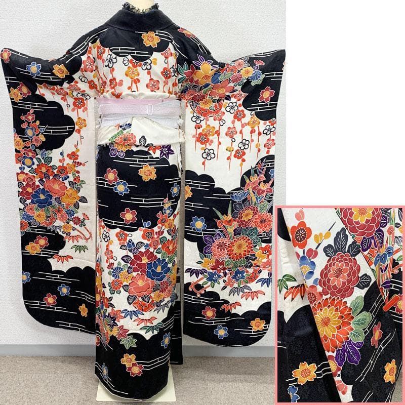 507z14☆紅型振袖 作家物 地紋 古典柄 ホワイト×黒☆美品 成人式 結婚式