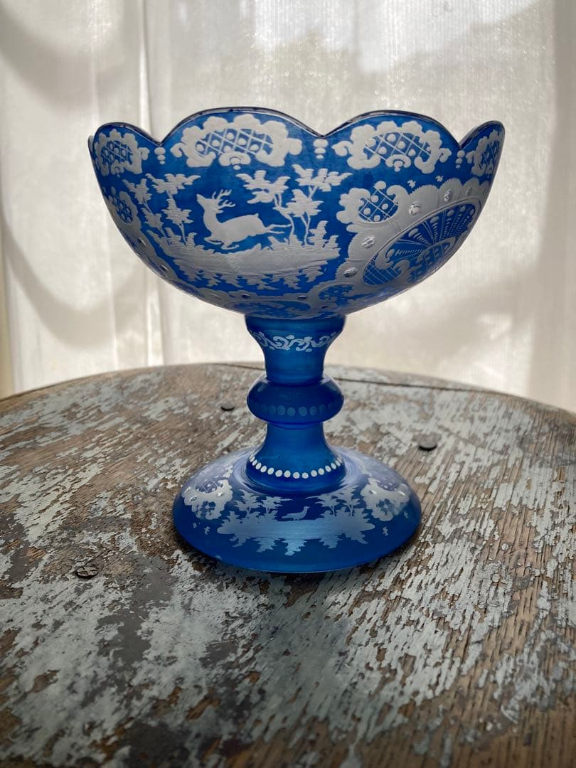 フランス　アンティーク　コンポート　グラビュール　ガラス