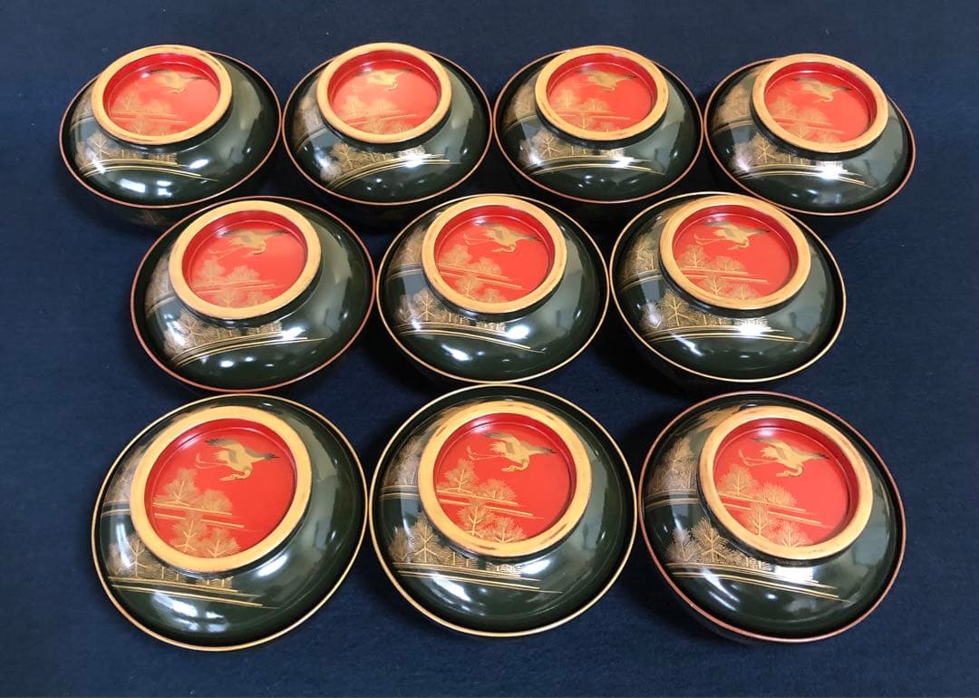 《R》青漆内朱 若松鶴蒔絵 菓子椀10客 木製漆器 木箱　250904H2