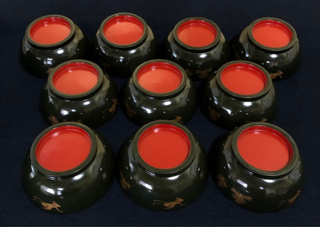 《R》青漆内朱 若松鶴蒔絵 菓子椀10客 木製漆器 木箱　250904H2