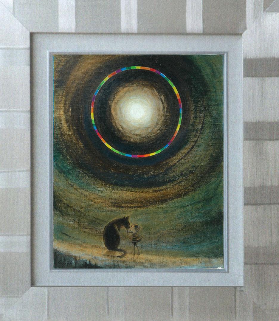 油絵 菅家令子絵 絵画インテリア額付(青緑＋金色の枠)F3-051821犬猫女子