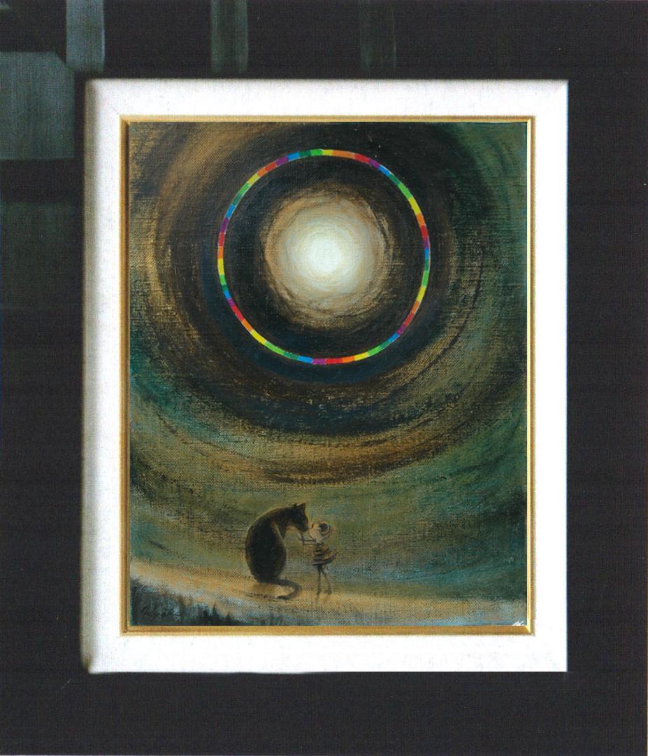 油絵 菅家令子絵 絵画インテリア額付(青緑＋金色の枠)F3-051821犬猫女子