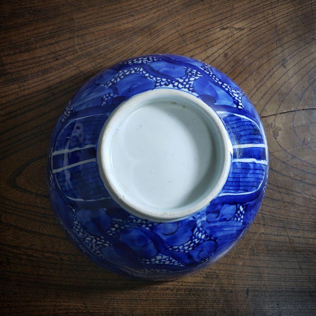 江戸期 染付 龍鳳凰文 大鉢 どんぶり 径19cm 骨董 古伊万里 縁起物