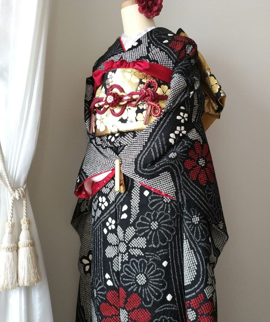 ☆199様　329.黒の総絞り　振袖7点セット　正絹　フルセット　成人式