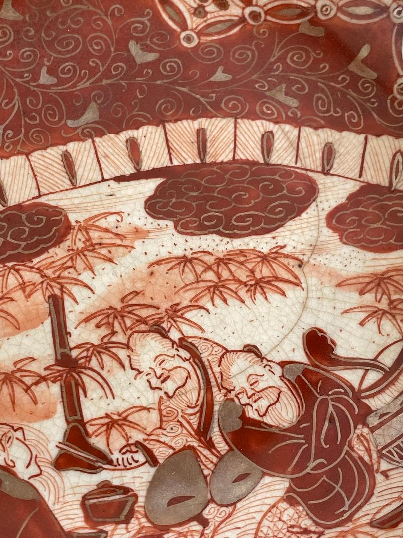 九谷焼　骨董　赤絵竹林賢人図中皿　7枚セット