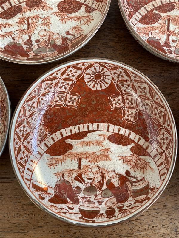 九谷焼　骨董　赤絵竹林賢人図中皿　7枚セット