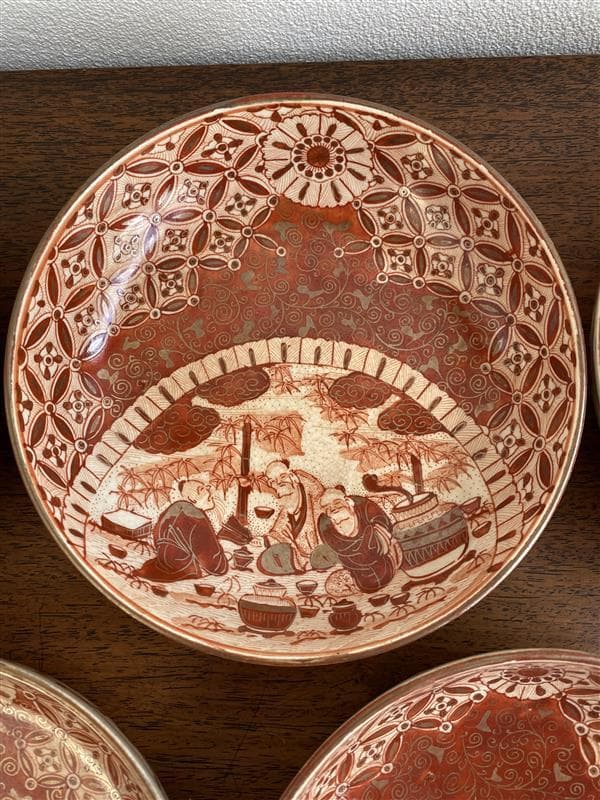 九谷焼　骨董　赤絵竹林賢人図中皿　7枚セット