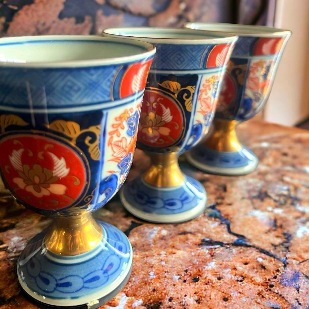 【美品】アンティーク 骨董⭐️古伊万里 猪口 色絵付け／3客 カラフル 花