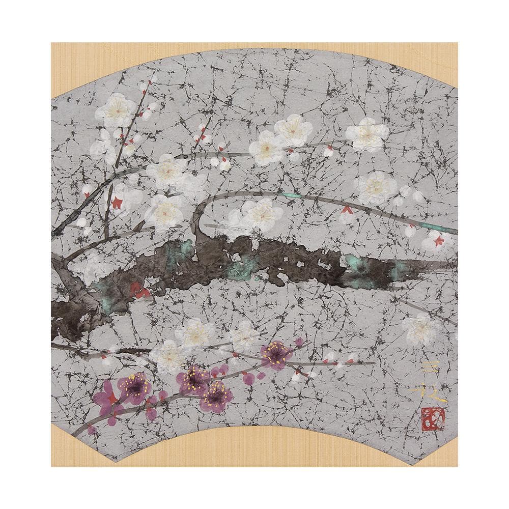 掛軸〈浜田三郎〉「紅白梅」扇面 共箱 二重箱 北海道生 日展菊華賞