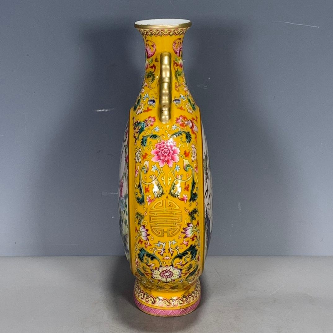 乾隆黄釉蒔絵開窓粉彩鶴抱月甁 花瓶  景徳鎮 陶磁器 装飾品 工芸品美術品 置物