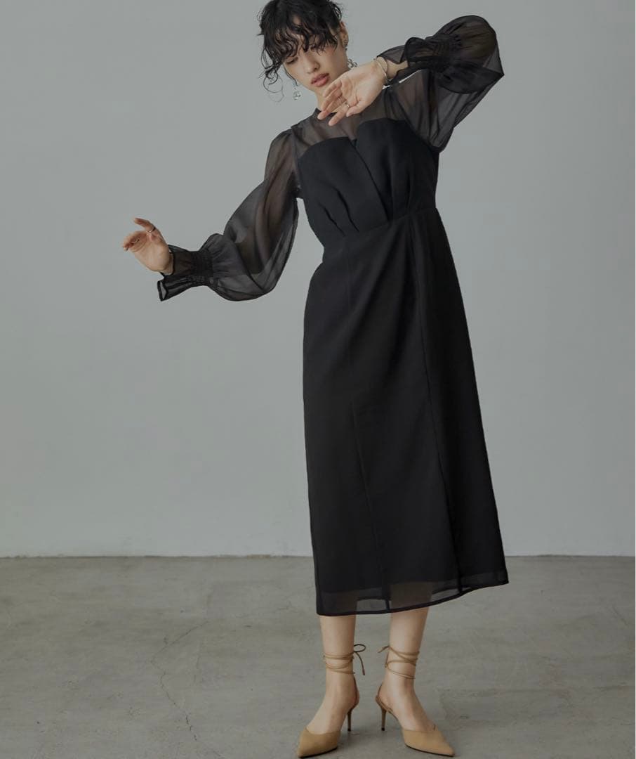 nianaビスチェ風　ボリュームスリーブシフォンドレス　結婚式　お呼ばれ　大きい