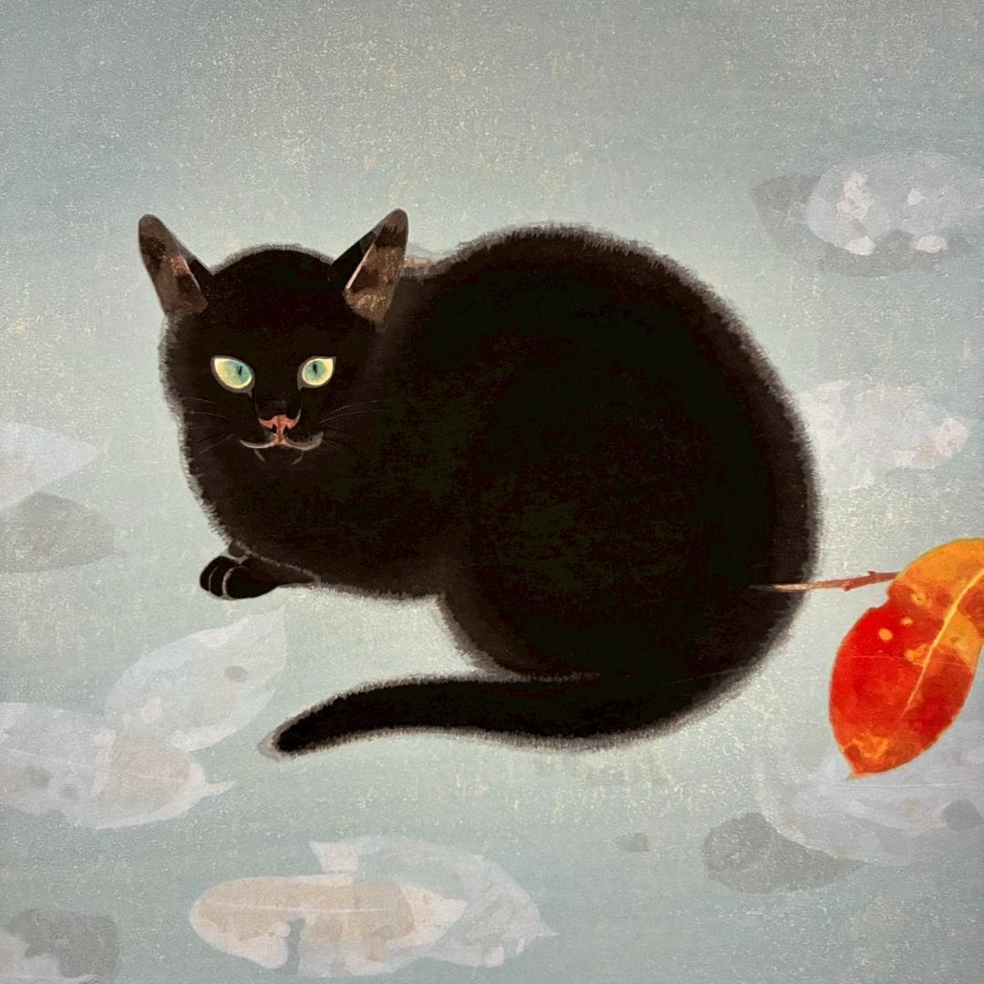 美品 山口華楊「秋晴」手摺木版画 モモセ版画 落款有り 黒猫 ネコ