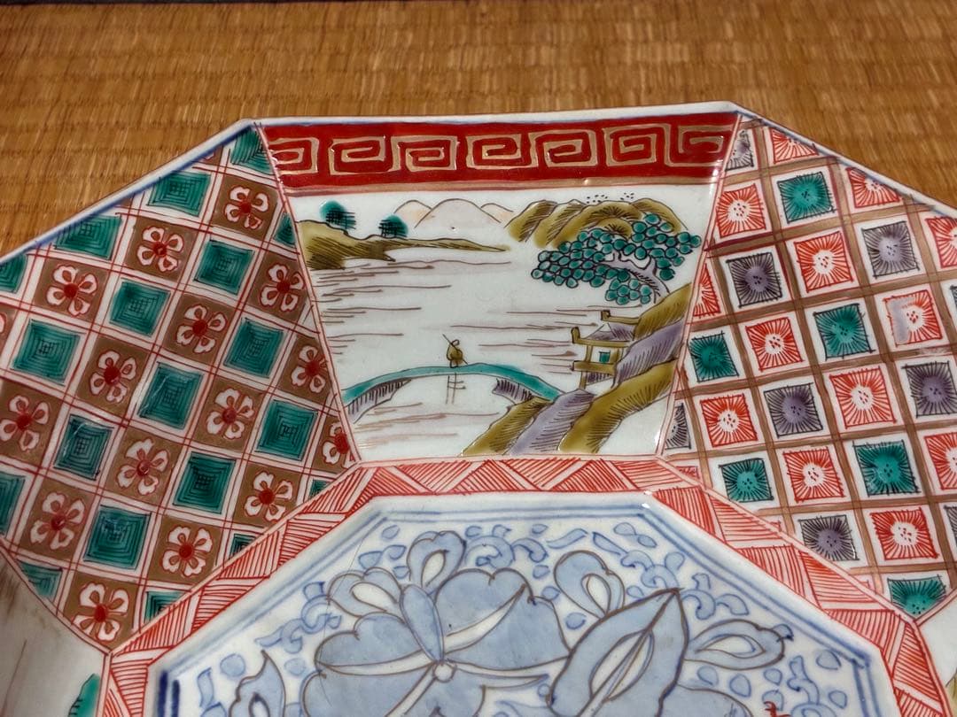 古伊万里 色絵 金彩 風景紋 八角鉢 盛鉢 時代物