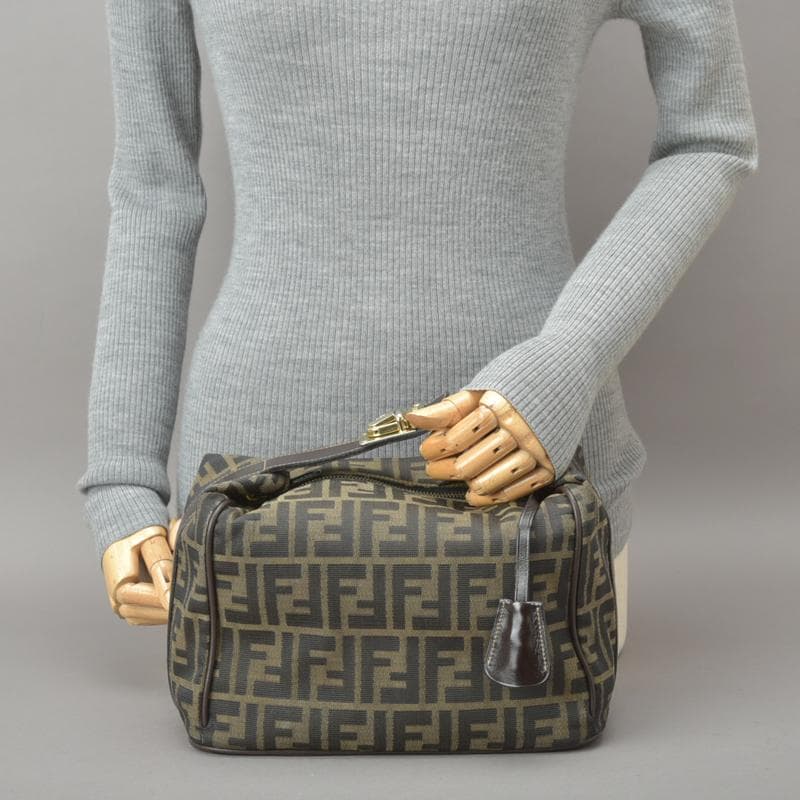 美品◇フェンディ ズッカ柄 バニティバッグ ハンドバッグ 鍵付き ジャガード 茶