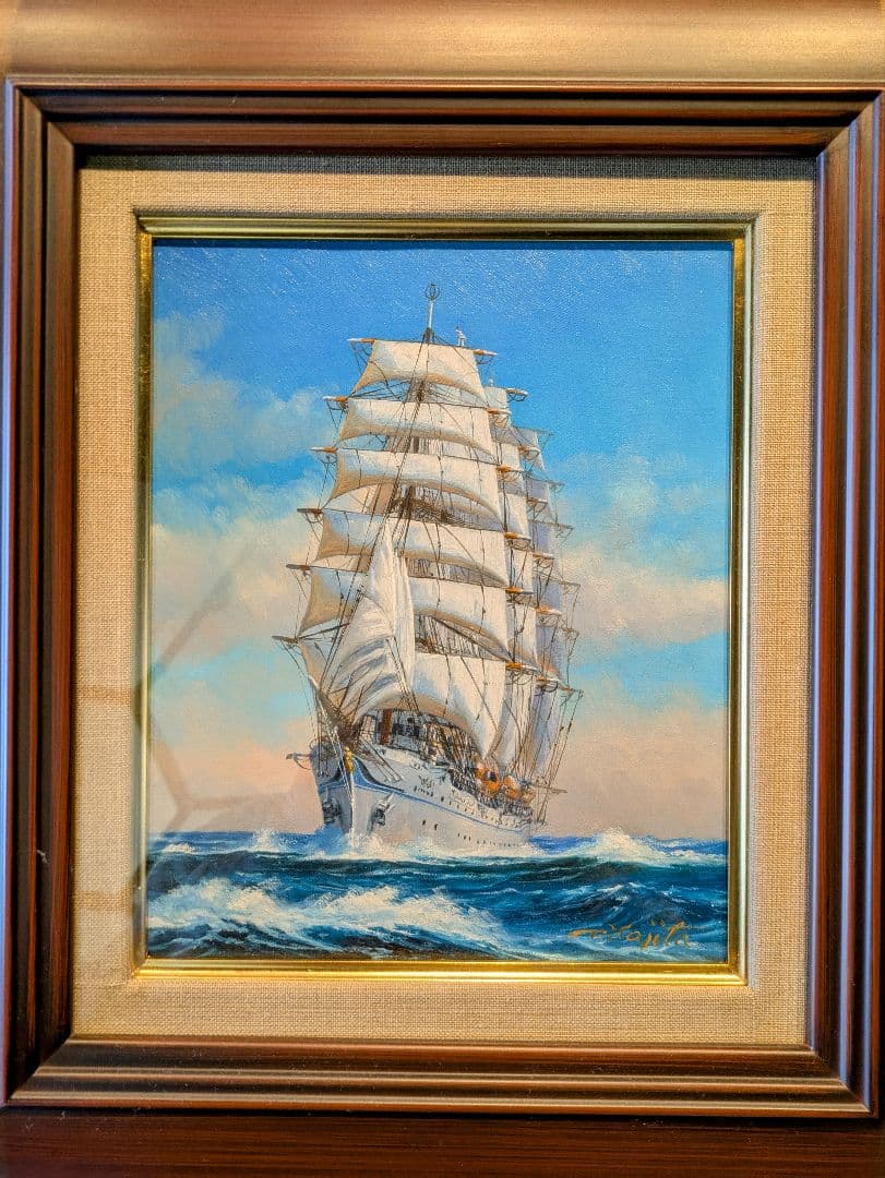 梶田達二帆船の油彩画 金色フレーム付き