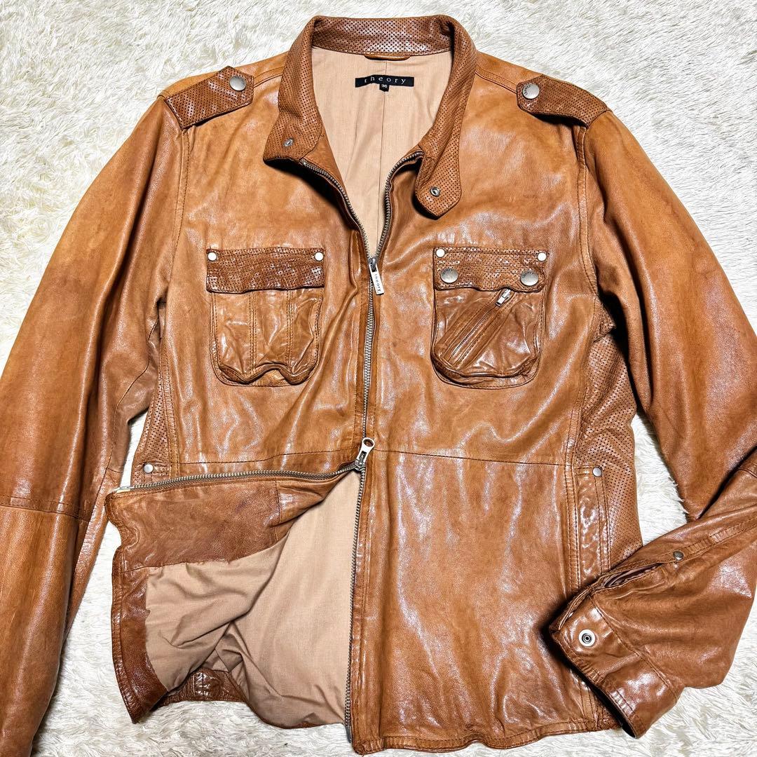 セオリー　レザージャケット　シングルライダース　パンチング　ダブルジップ　M相当