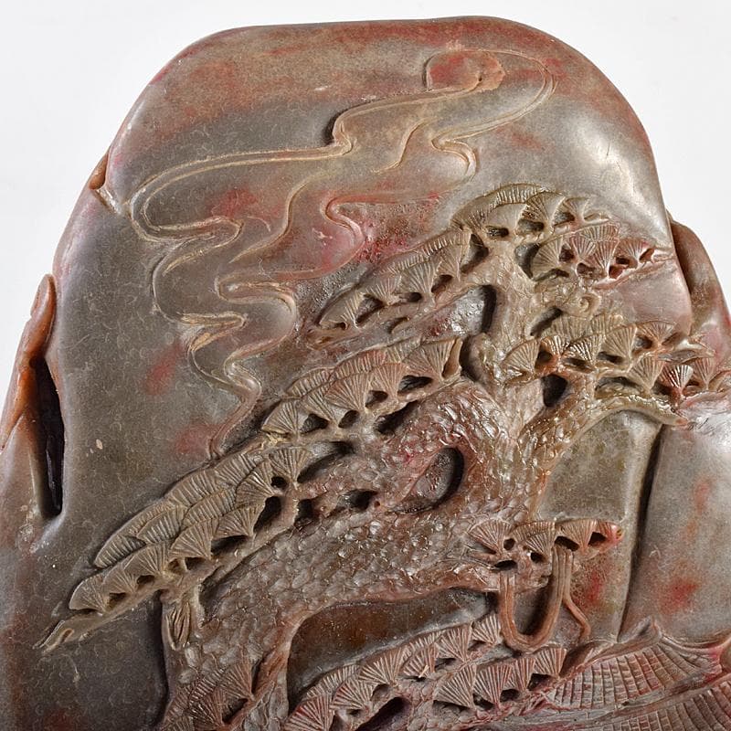 中国　玉石彫刻　鶏血石　山水人物刻　床飾　置物　唐木台付　F　R7719B